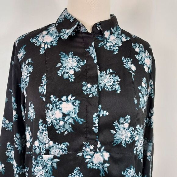 Simply Vera Wang Shirt Top Black Floral 3/4 Sleeve Split Open Back Women's L - Picture 3 of 13